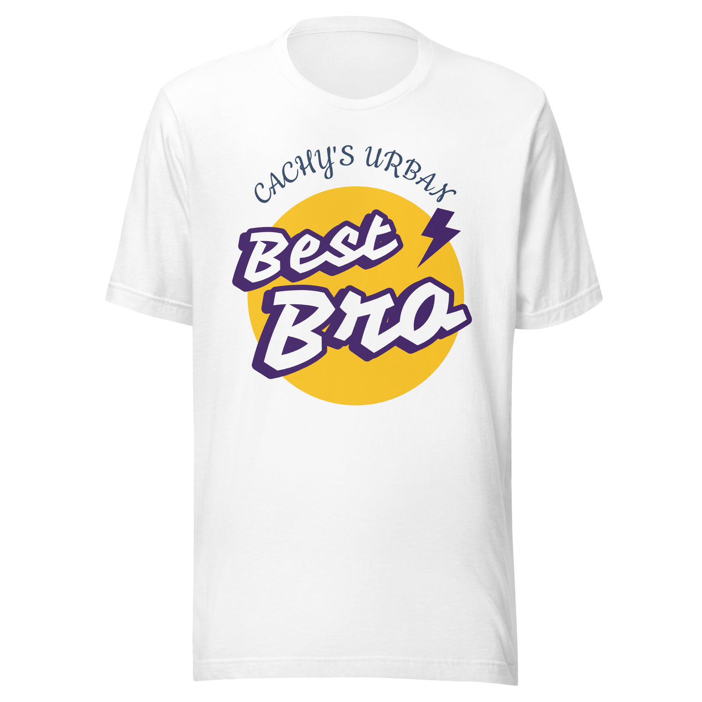 Cachy’s Urban white t-shirt with “Best Bro” graphic print in yellow and purple urban streetwear style