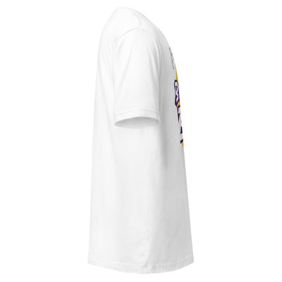 Cachy’s Urban white t-shirt with “Best Bro” graphic print in yellow and purple urban streetwear style