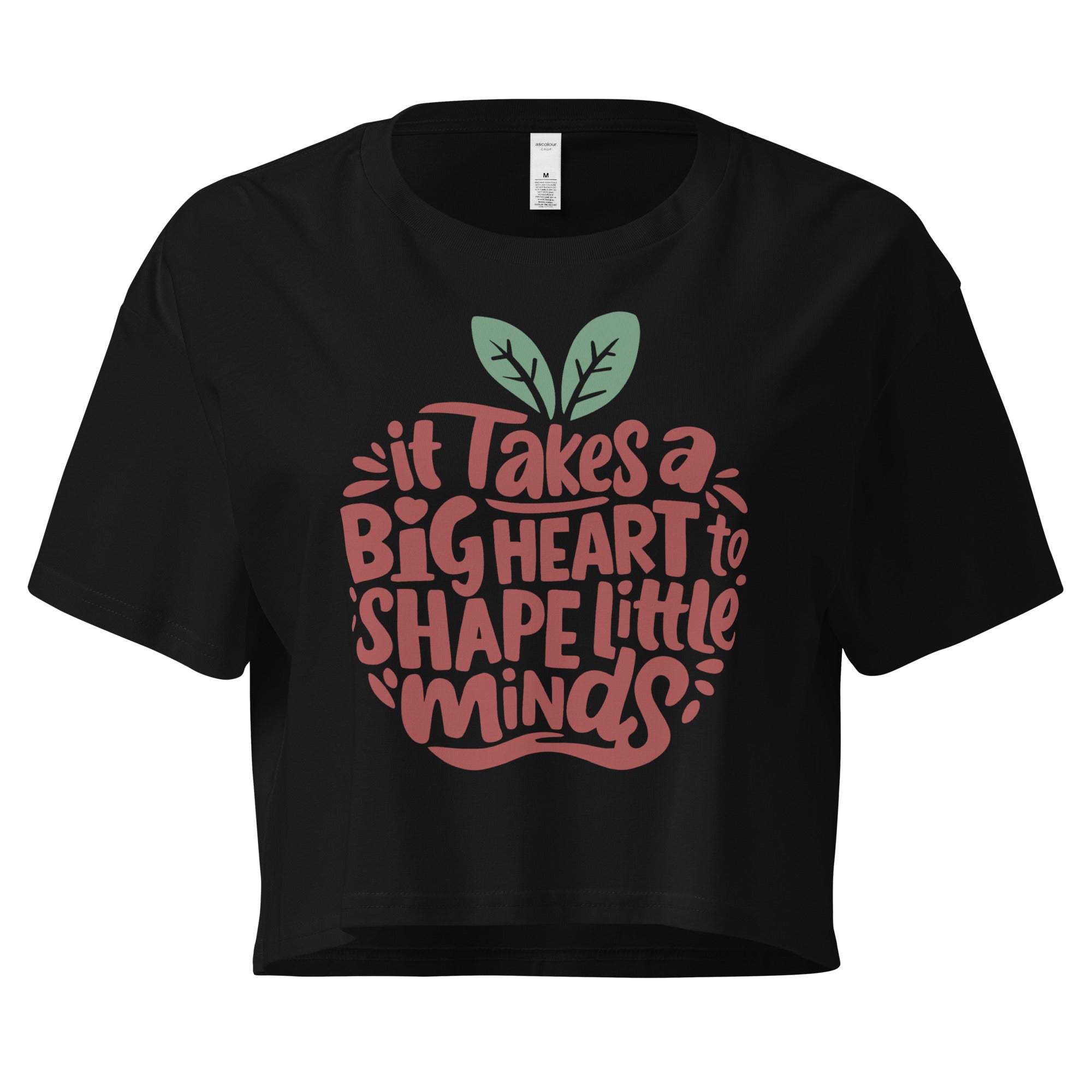 Cachy’s Urban cropped t-shirt with “It Takes a Big Heart to Shape Little Minds” apple graphic print, available in multiple colours