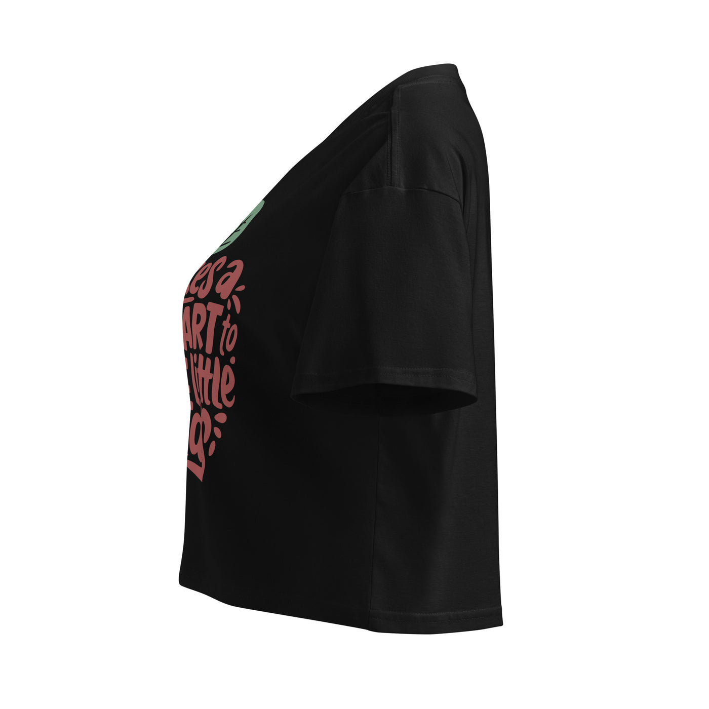 Cachy’s Urban cropped t-shirt with “It Takes a Big Heart to Shape Little Minds” apple graphic print, available in multiple colours