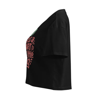 Cachy’s Urban cropped t-shirt with “It Takes a Big Heart to Shape Little Minds” apple graphic print, available in multiple colours