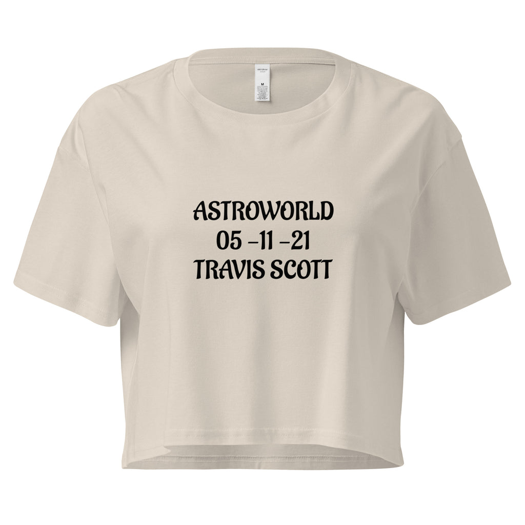 Cachy’s Urban cropped t-shirt with “Astroworld 05-11-21 Travis Scott” graphic print, available in multiple colours