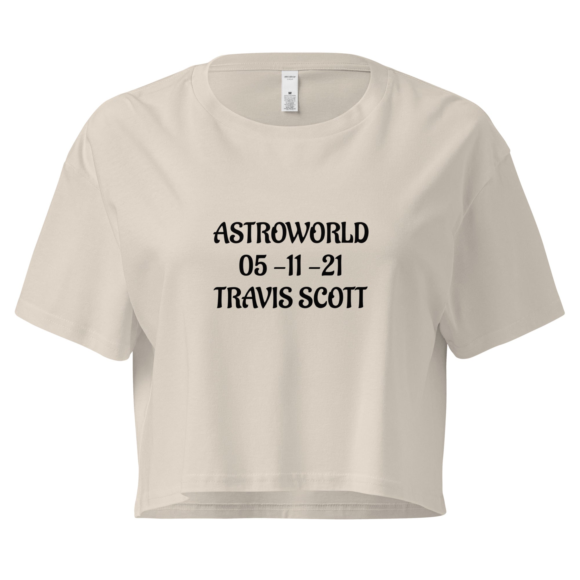Cachy’s Urban cropped t-shirt with “Astroworld 05-11-21 Travis Scott” graphic print, available in multiple colours