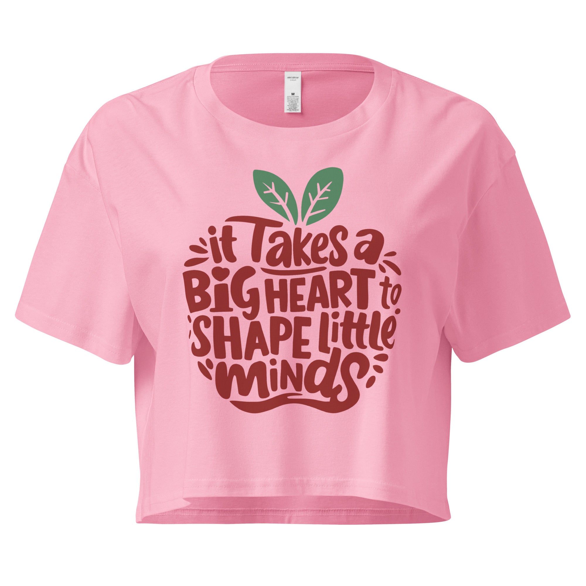 Cachy’s Urban cropped t-shirt with “It Takes a Big Heart to Shape Little Minds” apple graphic print, available in multiple colours
