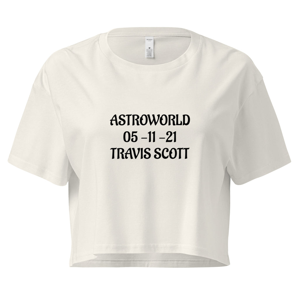 Cachy’s Urban cropped t-shirt with “Astroworld 05-11-21 Travis Scott” graphic print, available in multiple colours