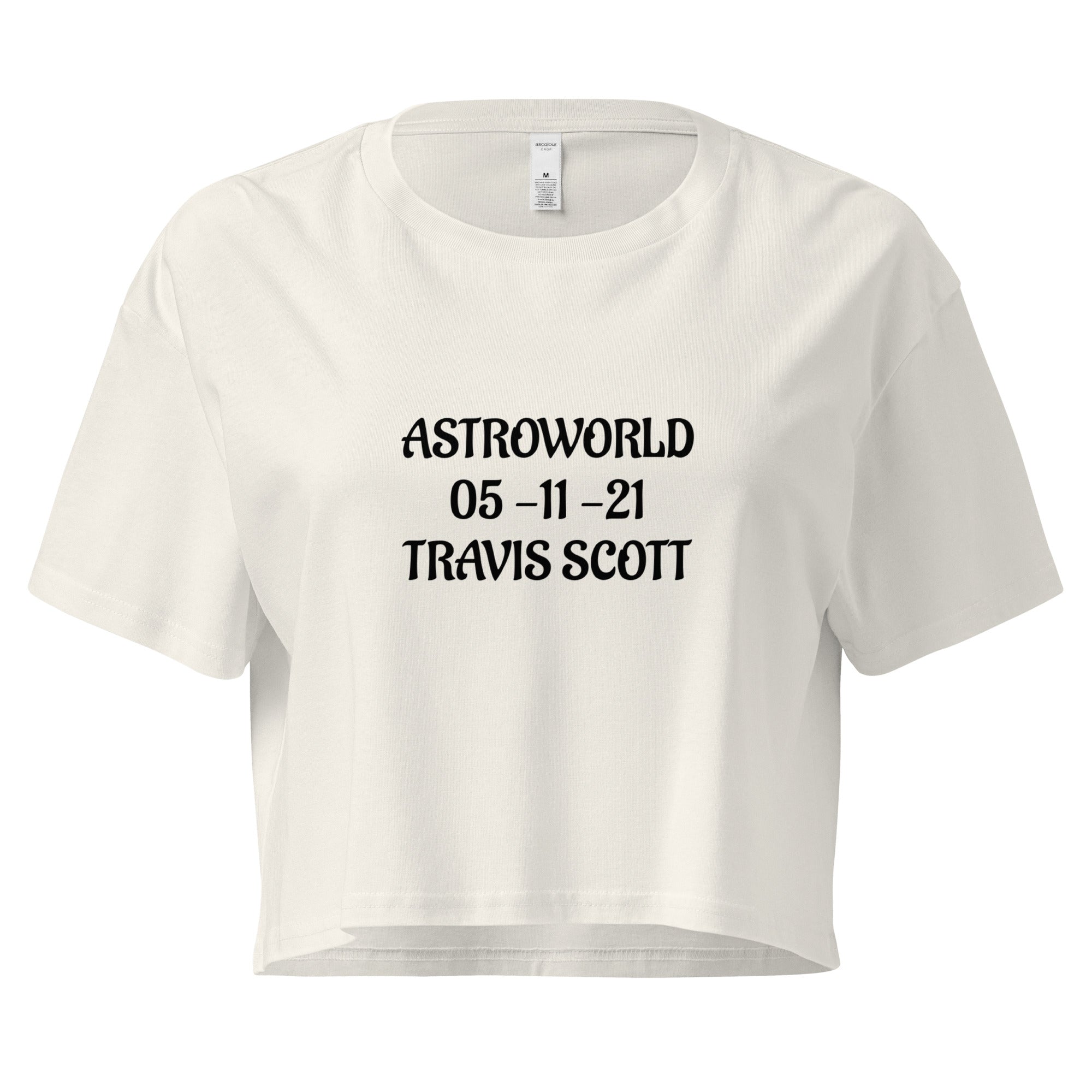 Cachy’s Urban cropped t-shirt with “Astroworld 05-11-21 Travis Scott” graphic print, available in multiple colours