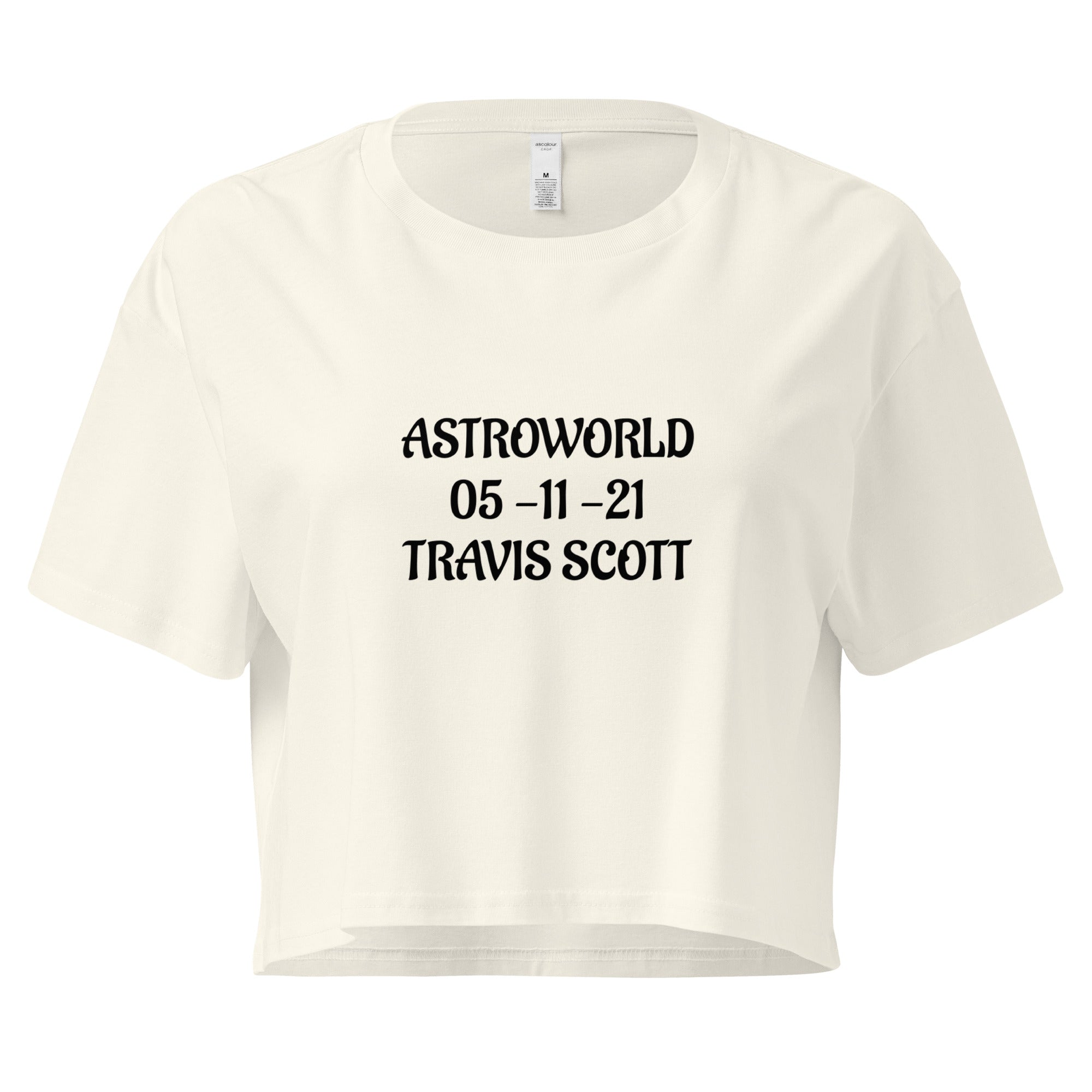 Cachy’s Urban cropped t-shirt with “Astroworld 05-11-21 Travis Scott” graphic print, available in multiple colours
