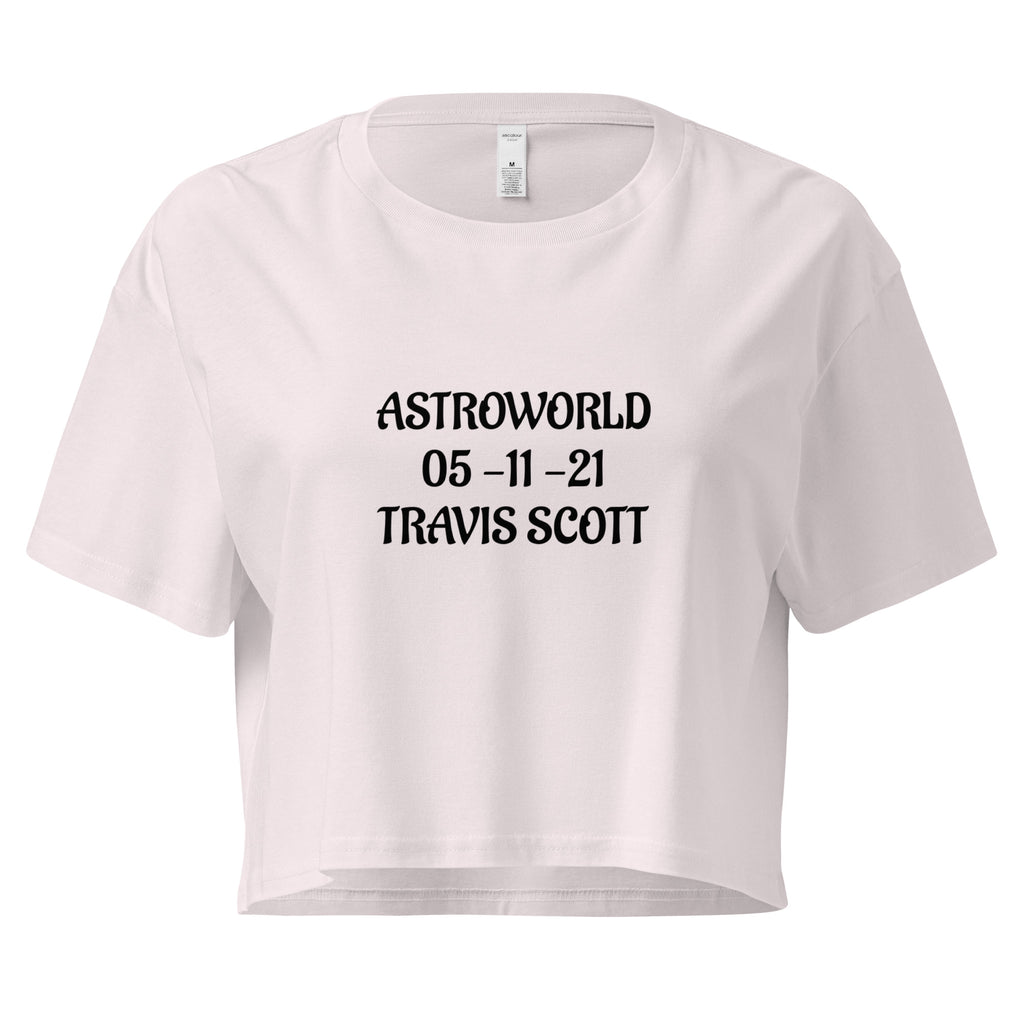 Cachy’s Urban cropped t-shirt with “Astroworld 05-11-21 Travis Scott” graphic print, available in multiple colours