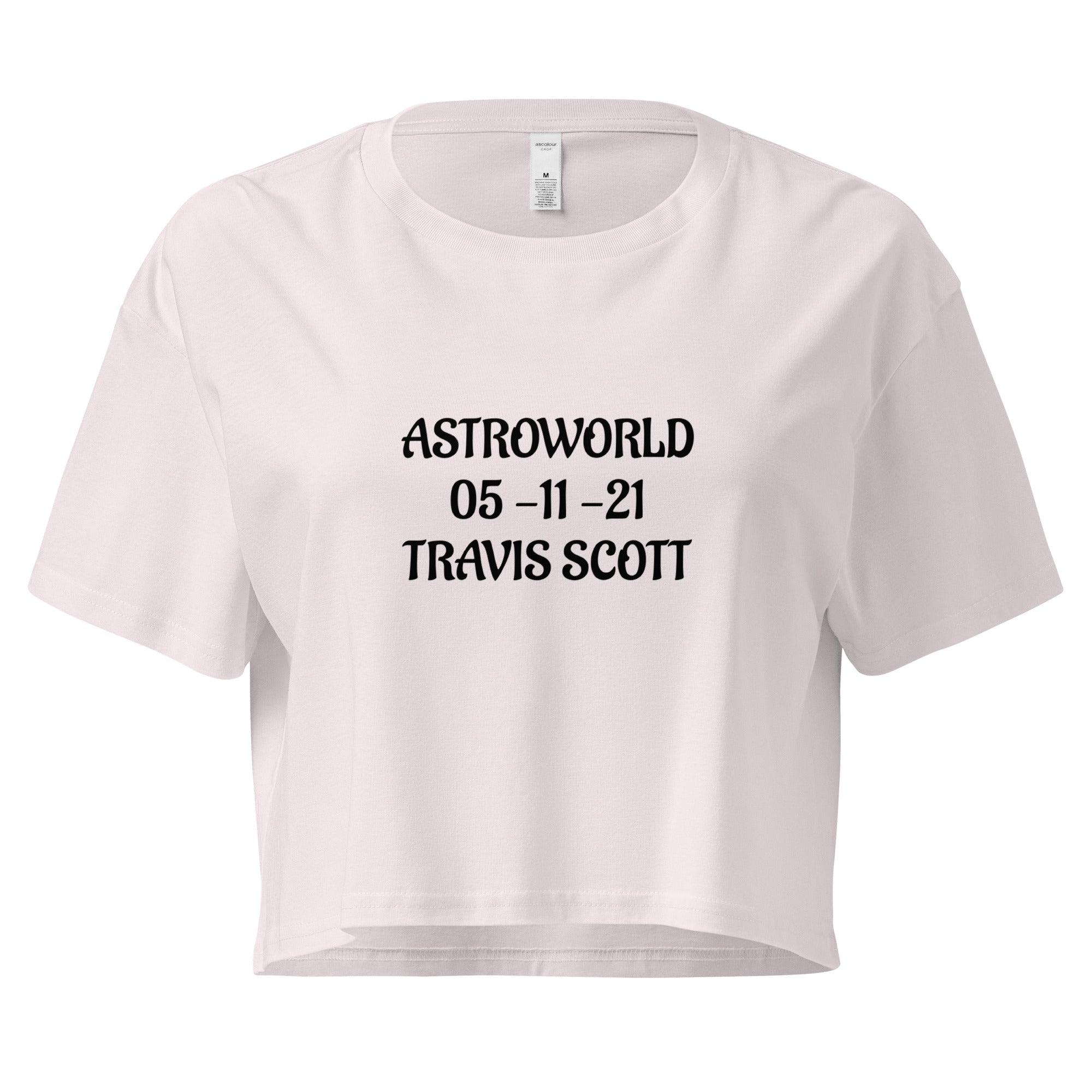 Cachy’s Urban cropped t-shirt with “Astroworld 05-11-21 Travis Scott” graphic print, available in multiple colours