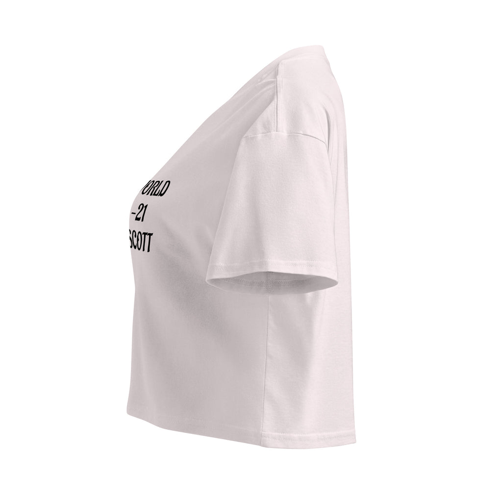 Cachy’s Urban cropped t-shirt with “Astroworld 05-11-21 Travis Scott” graphic print, available in multiple colours