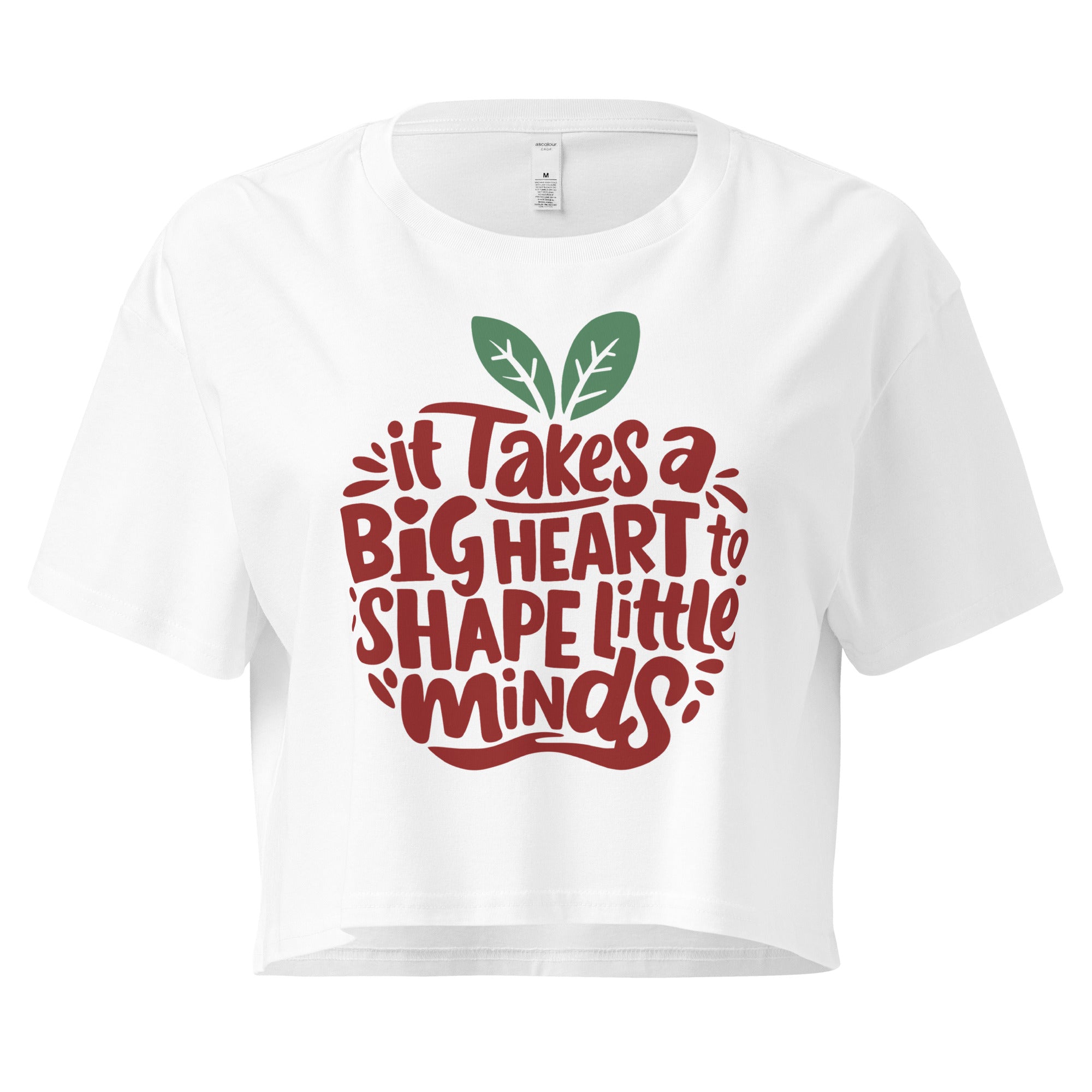Cachy’s Urban cropped t-shirt with “It Takes a Big Heart to Shape Little Minds” apple graphic print, available in multiple colours
