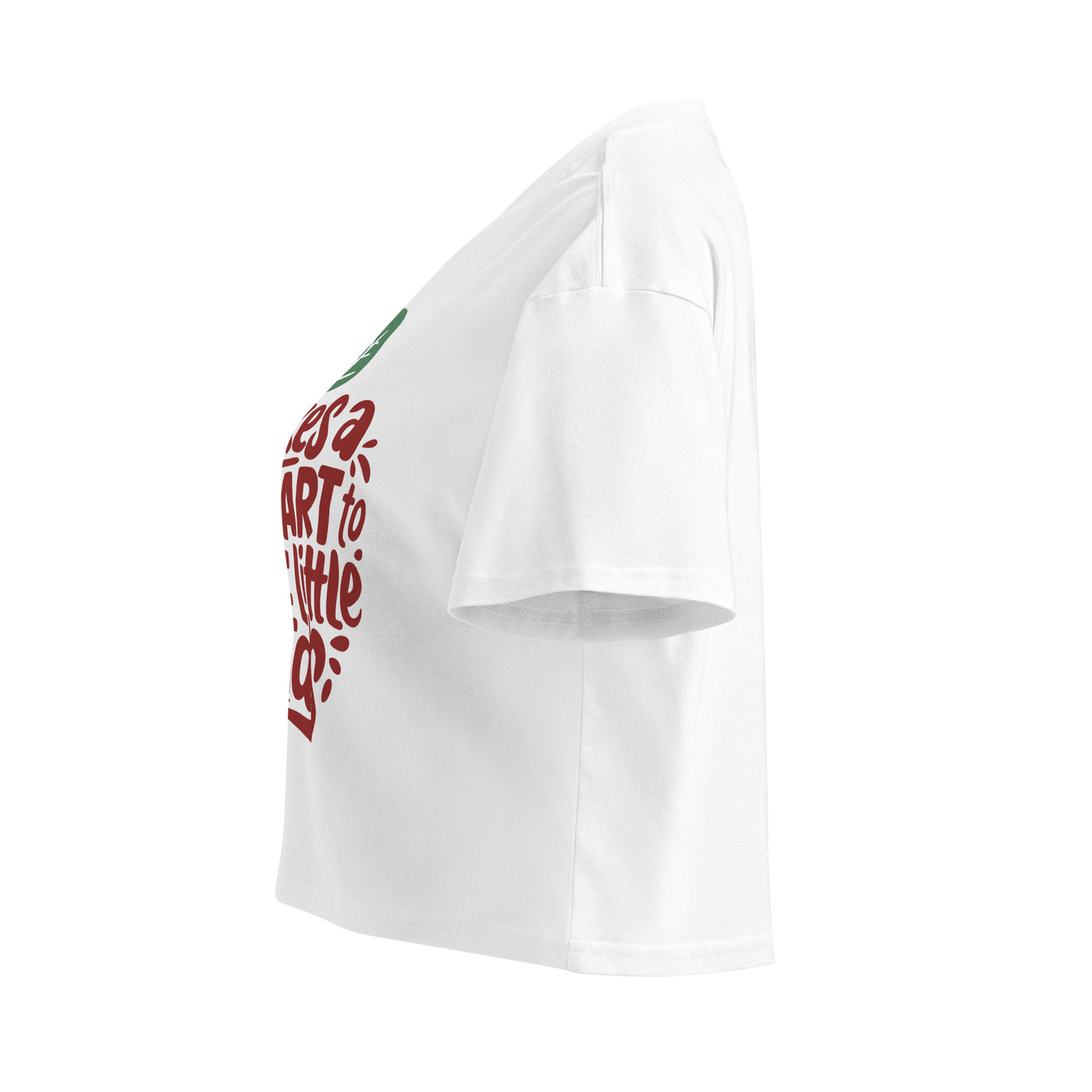 Cachy’s Urban cropped t-shirt with “It Takes a Big Heart to Shape Little Minds” apple graphic print, available in multiple colours