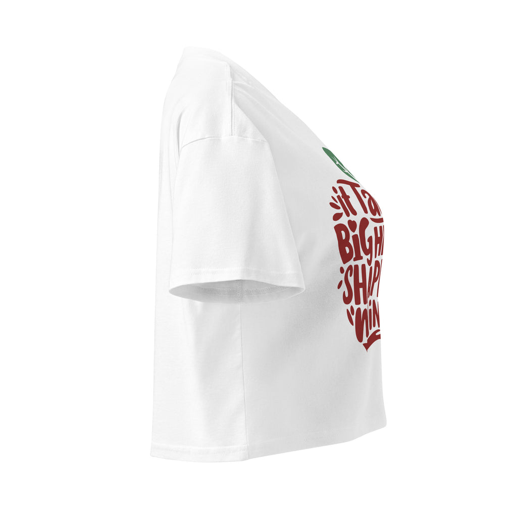 Cachy’s Urban cropped t-shirt with “It Takes a Big Heart to Shape Little Minds” apple graphic print, available in multiple colours