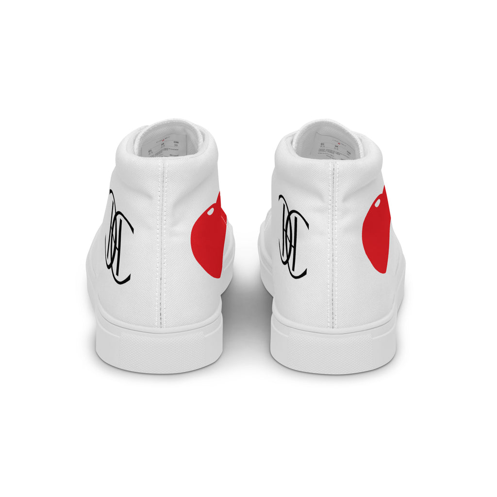 White high-top sneakers with black Cachy’s Urban logo and bold red heart design, available in multiple colours