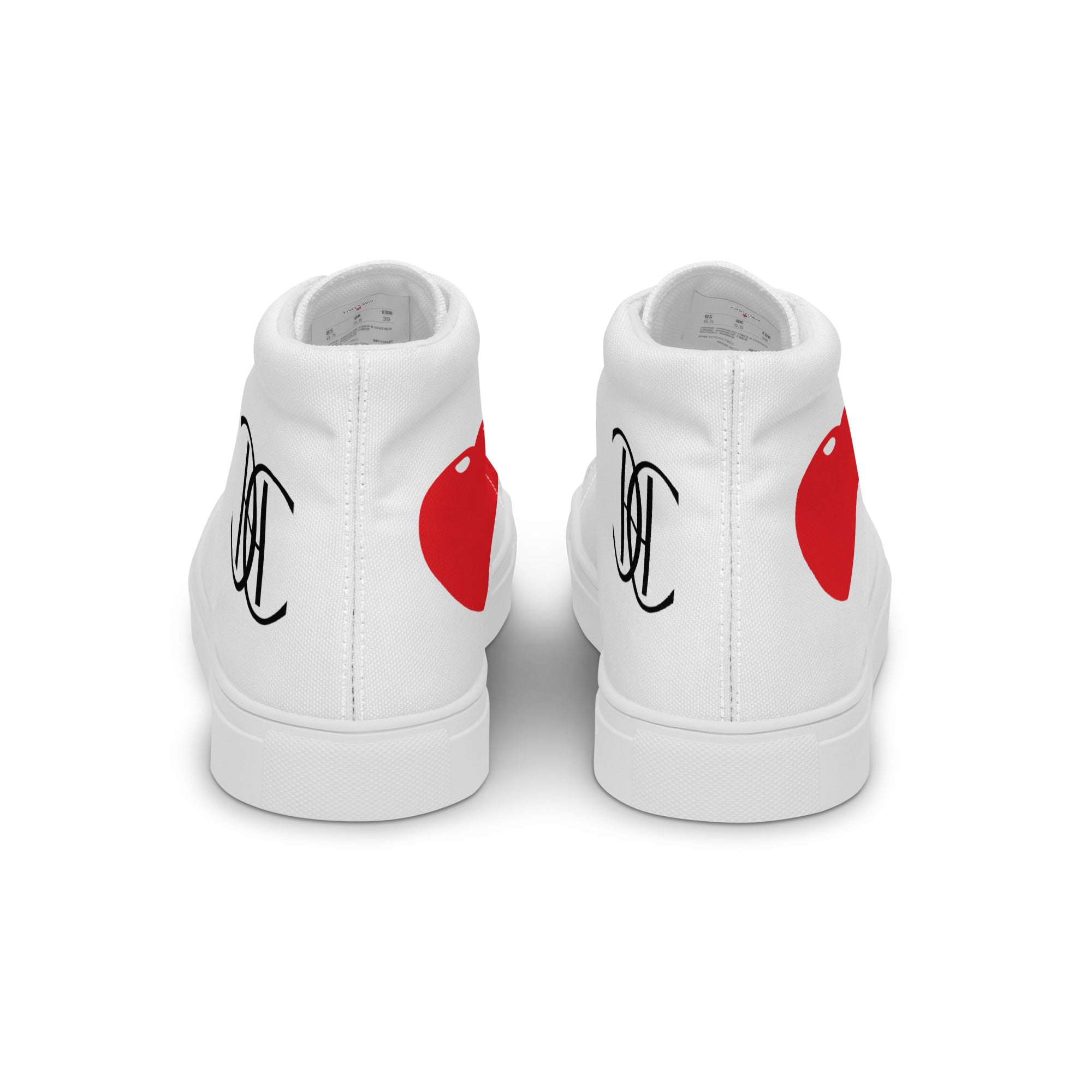 White high-top sneakers with black Cachy’s Urban logo and bold red heart design, available in multiple colours