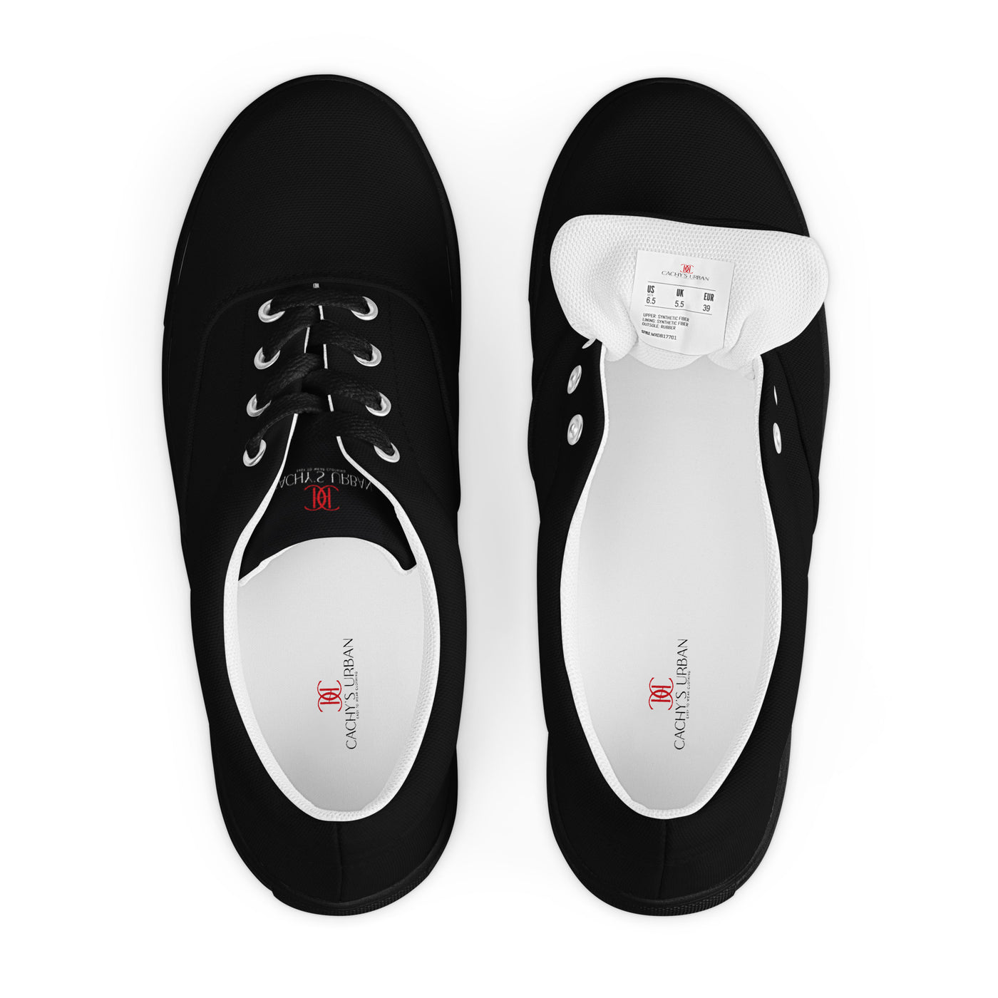 All-black lace-up canvas sneakers with subtle red Cachy’s Urban branding on the tongue and white inner lining