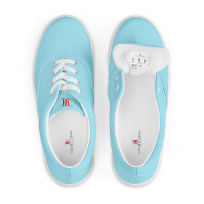 Sky Blue lace-up canvas sneakers with white laces, white soles, and Cachy’s Urban branded insoles