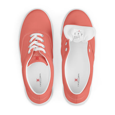 Salmon lace-up canvas sneakers with white laces, white soles, and Cachy’s Urban branded insoles