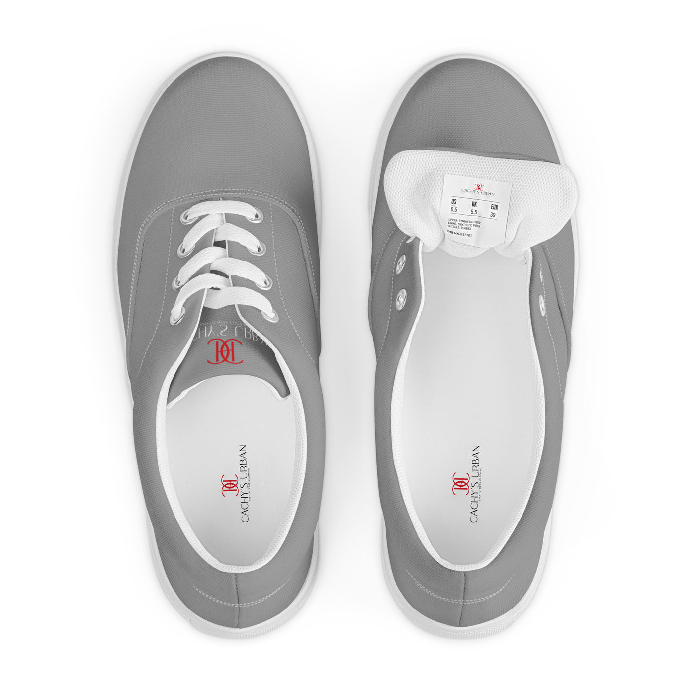Grey lace-up canvas sneakers with white laces, white soles, and Cachy’s Urban branded insoles