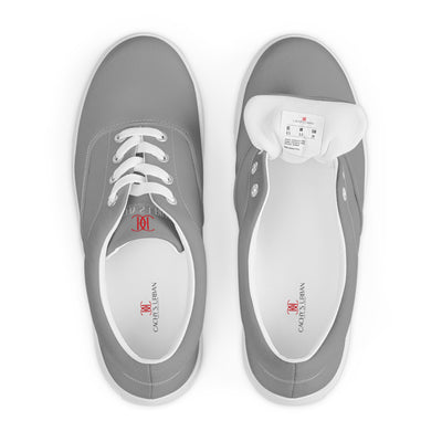 Grey lace-up canvas sneakers with white laces, white soles, and Cachy’s Urban branded insoles