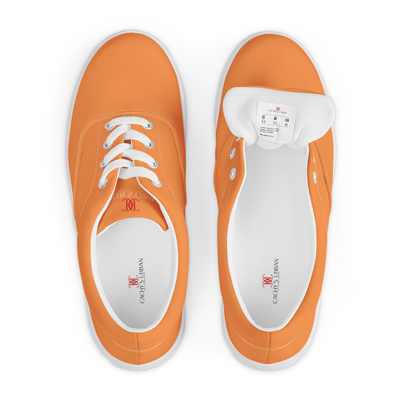 Orange lace-up canvas sneakers with white laces, white soles, and Cachy’s Urban branded insoles
