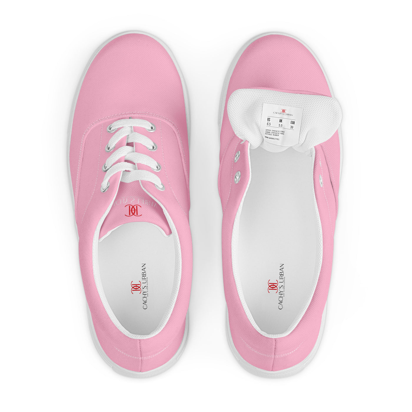Bright pink lace-up canvas sneakers with white laces, white soles, and Cachy’s Urban branded insoles