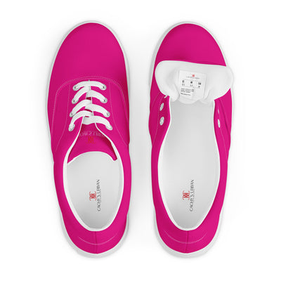 Bright pink lace-up canvas sneakers with white laces, white soles, and Cachy’s Urban branded insoles