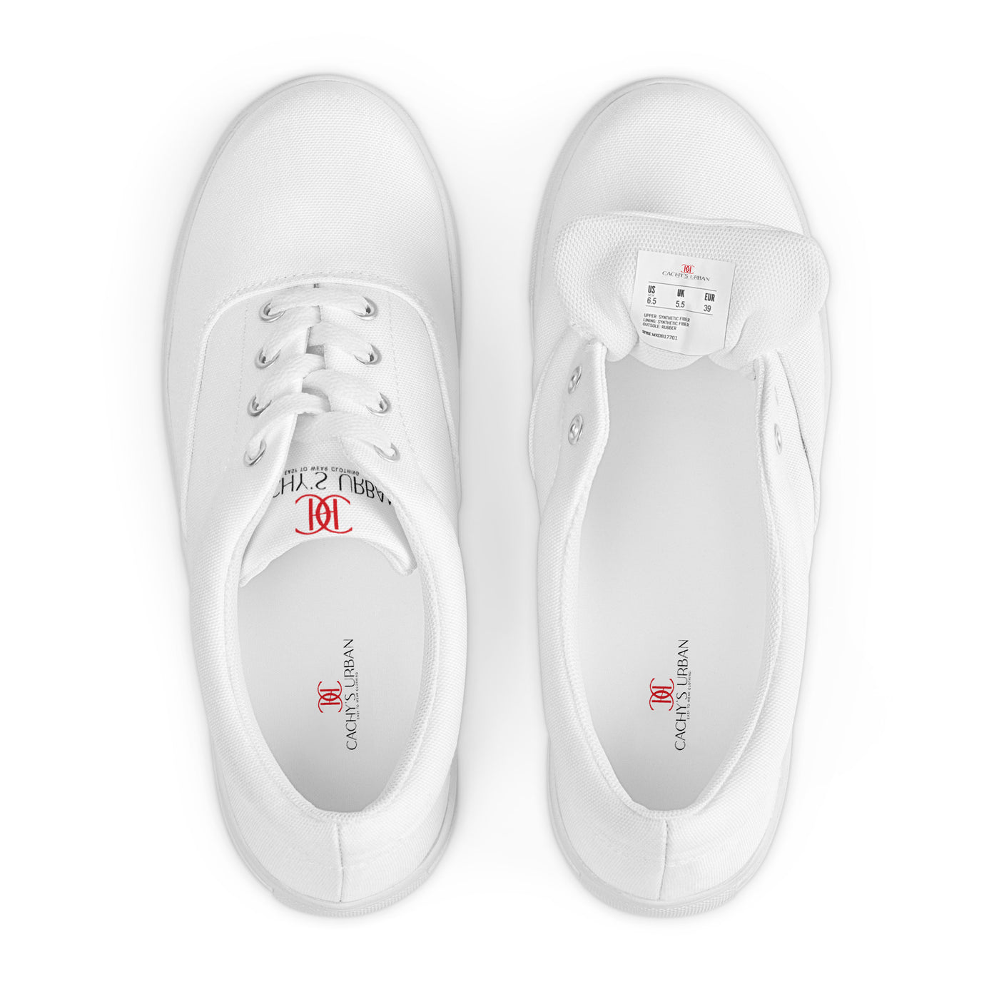 All-white lace-up canvas sneakers with minimalist design and subtle red Cachy’s Urban branding on the tongue