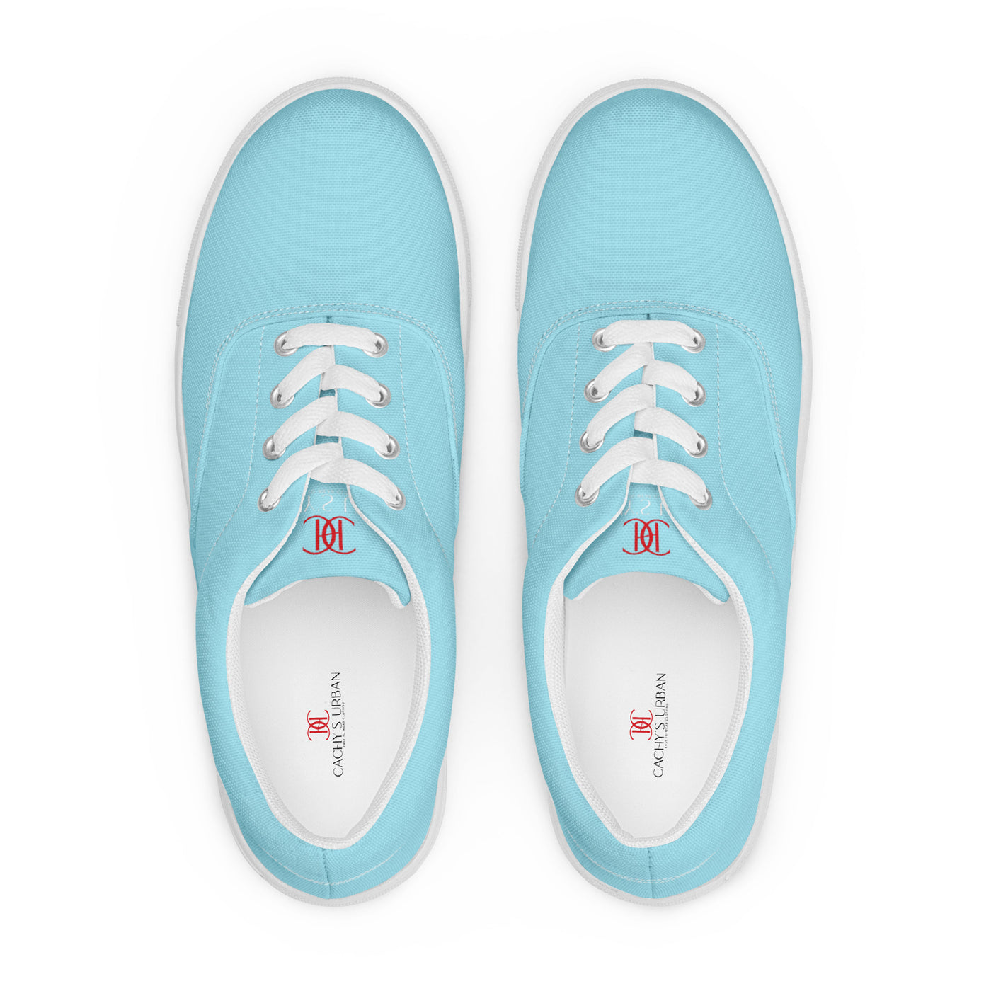Sky Blue lace-up canvas sneakers with white laces, white soles, and Cachy’s Urban branded insoles