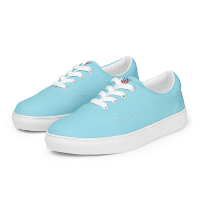 Sky Blue lace-up canvas sneakers with white laces, white soles, and Cachy’s Urban branded insoles