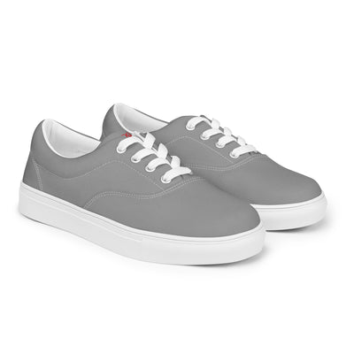 Grey lace-up canvas sneakers with white laces, white soles, and Cachy’s Urban branded insoles