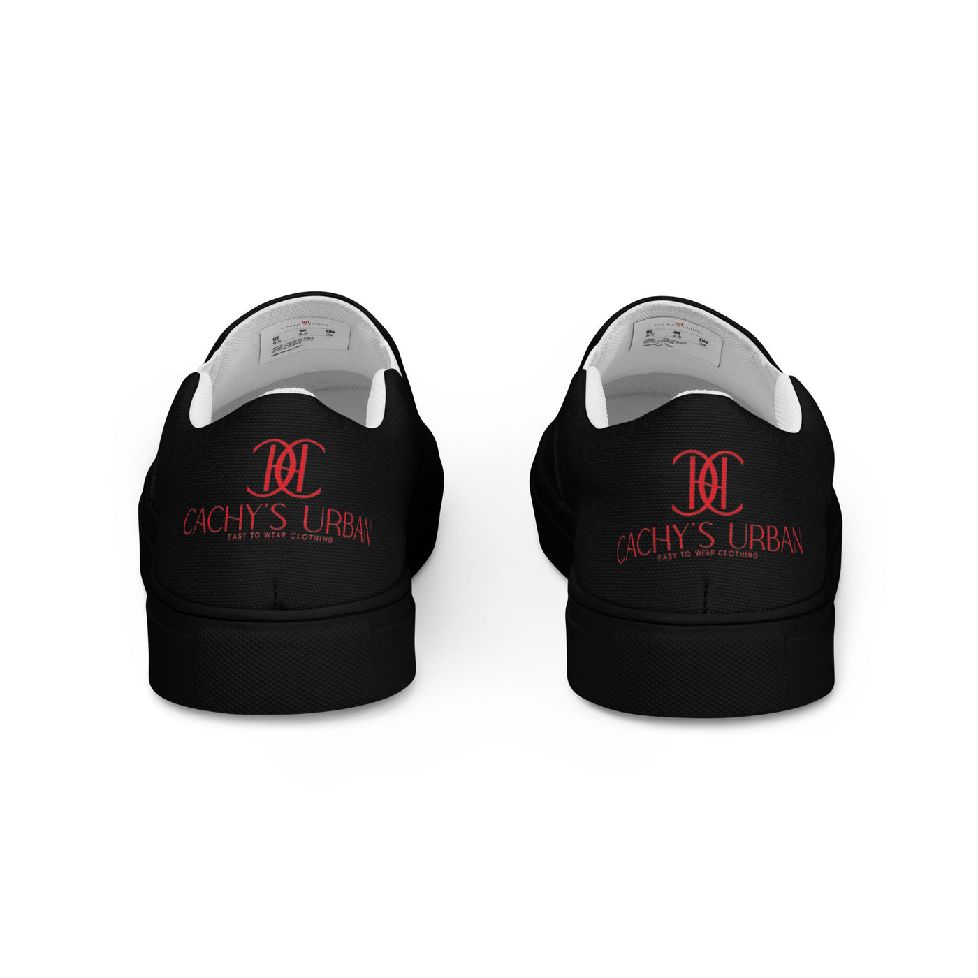 Black slip-on sneakers with red Cachy’s Urban logo on the upper, paired with black soles and white inner lining