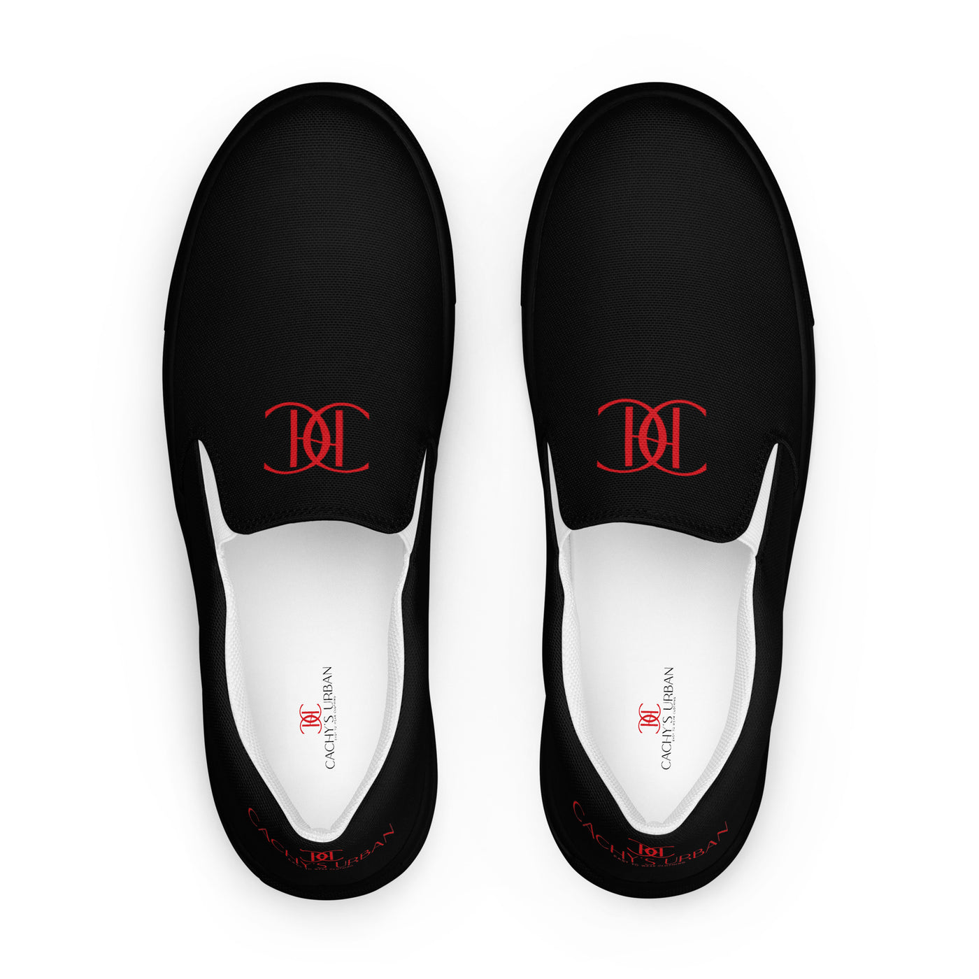 Black slip-on sneakers with red Cachy’s Urban logo on the upper, paired with black soles and white inner lining