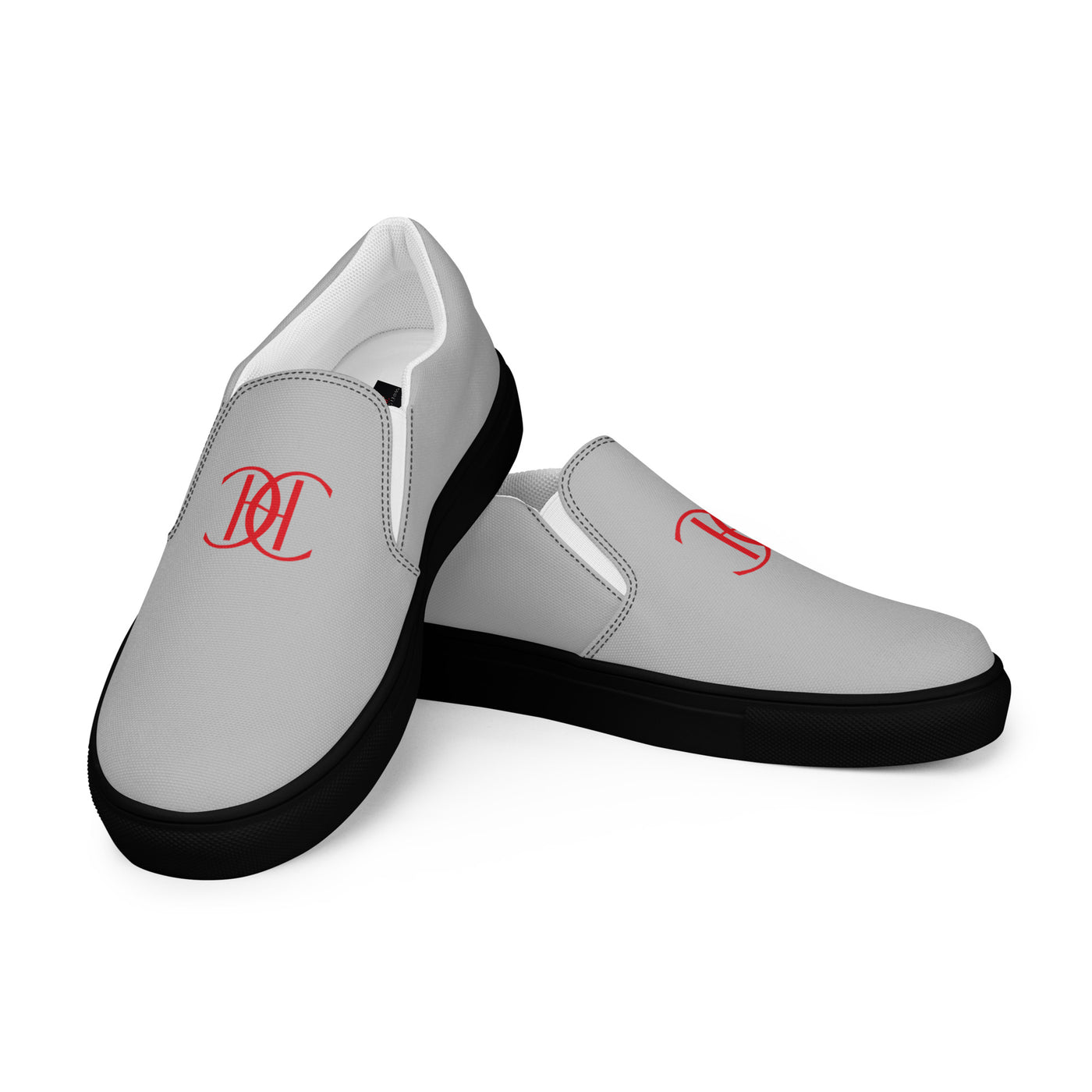 Cachy’s Urban grey slip-on canvas shoes with minimalist red logo design and streetwear aesthetic