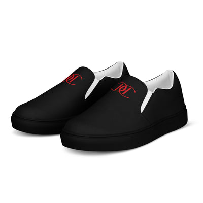 Black slip-on sneakers with red Cachy’s Urban logo on the upper, paired with black soles and white inner lining
