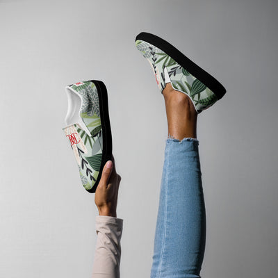 Cachy’s Urban slip-on canvas shoes with tropical leaf print and black sole, casual streetwear sneakers for everyday style