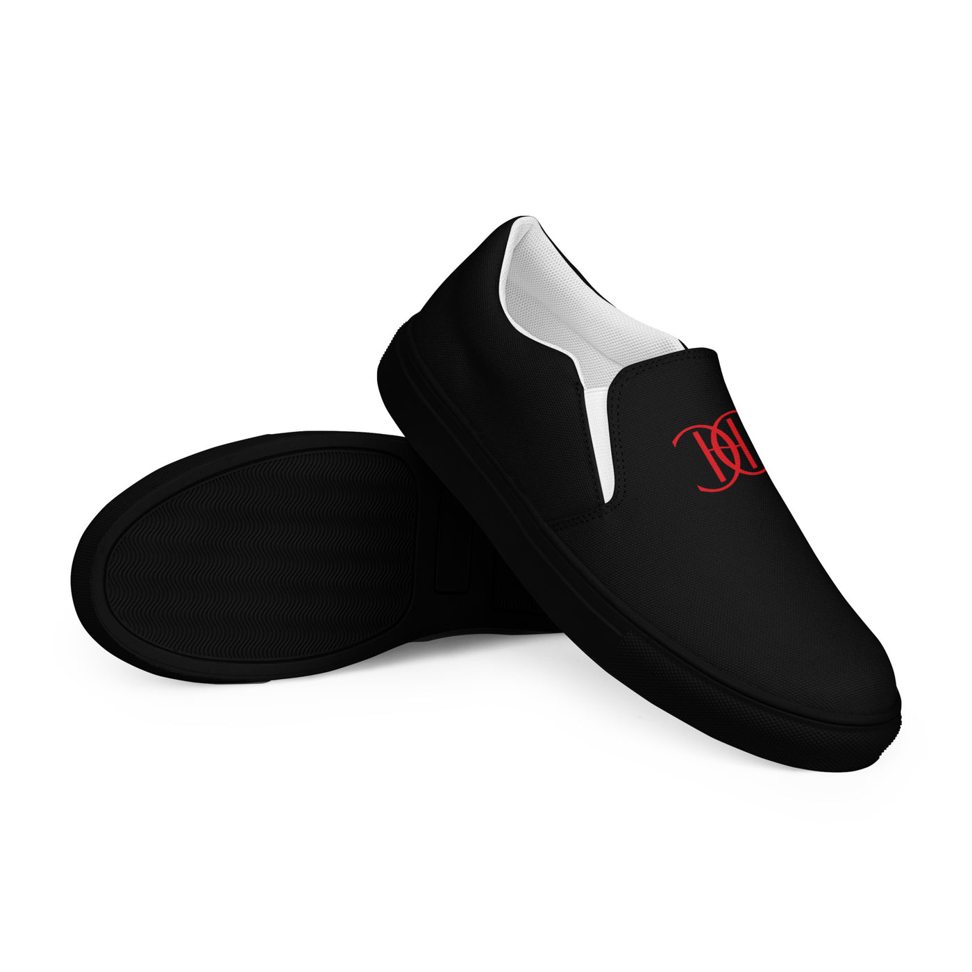 Cachy’s Urban black slip-on canvas shoes with minimalist red logo design and streetwear aesthetic