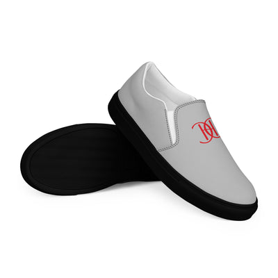 Cachy’s Urban grey slip-on canvas shoes with minimalist red logo design and streetwear aesthetic
