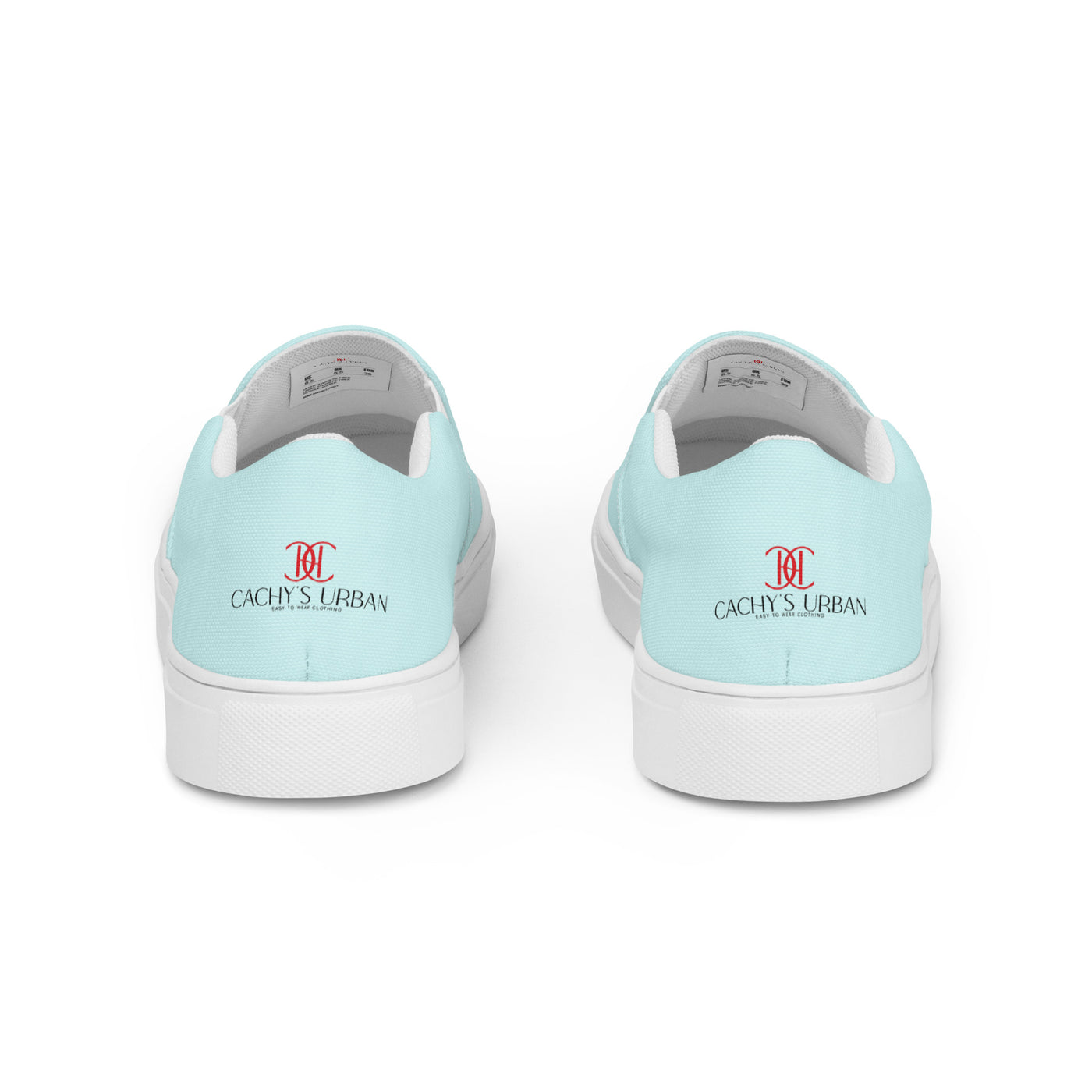 Light blue slip-on canvas shoes with red Cachy’s Urban monogram logo on the upper front and branded insoles