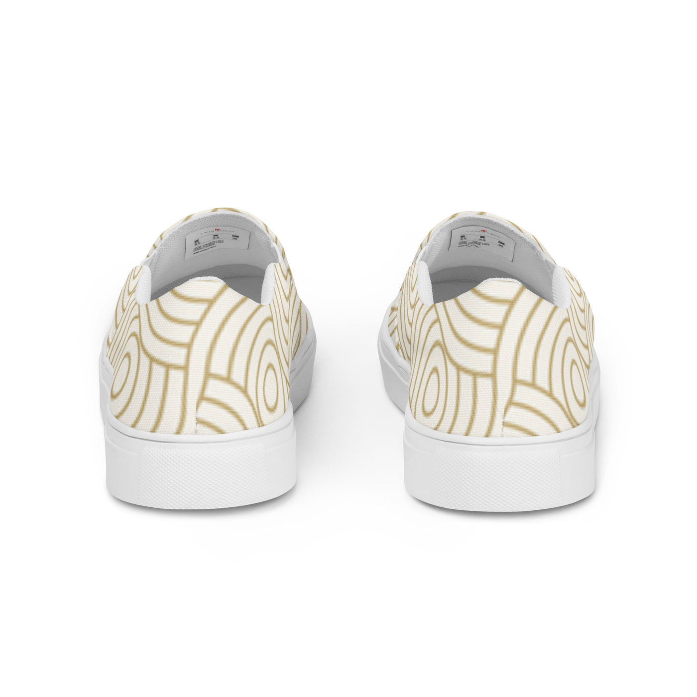 White slip-on canvas shoes with minimalist beige concentric circle tribal pattern and Cachy’s Urban branded insoles