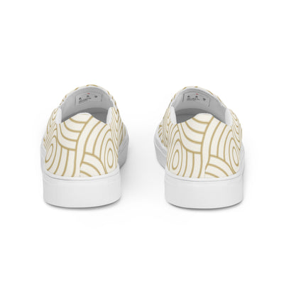 White slip-on canvas shoes with minimalist beige concentric circle tribal pattern and Cachy’s Urban branded insoles