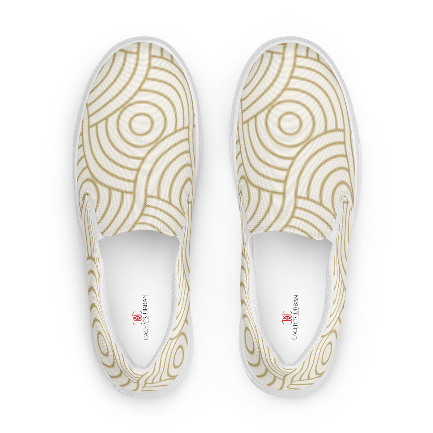 White slip-on canvas shoes with minimalist beige concentric circle tribal pattern and Cachy’s Urban branded insoles