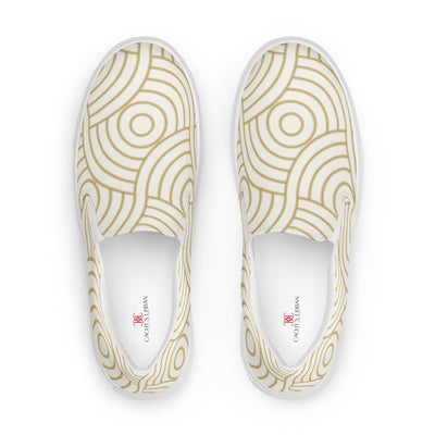 White slip-on canvas shoes with minimalist beige concentric circle tribal pattern and Cachy’s Urban branded insoles