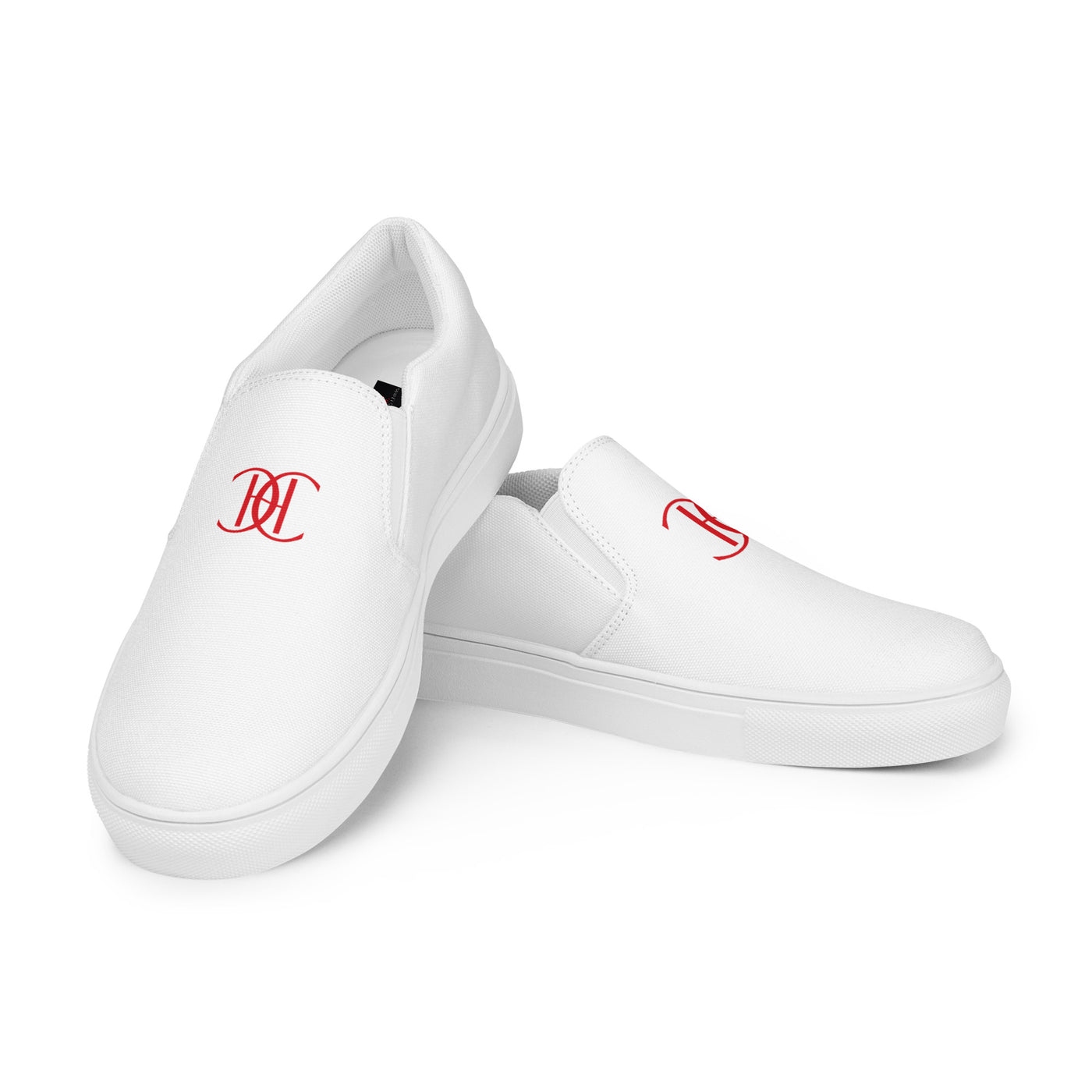Cachy’s Urban white slip-on canvas shoes with minimalist red logo design and streetwear aesthetic