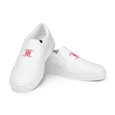 Cachy’s Urban white slip-on canvas shoes with minimalist red logo design and streetwear aesthetic