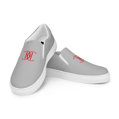 Cachy’s Urban grey slip-on canvas shoes with minimalist red logo design and streetwear aesthetic