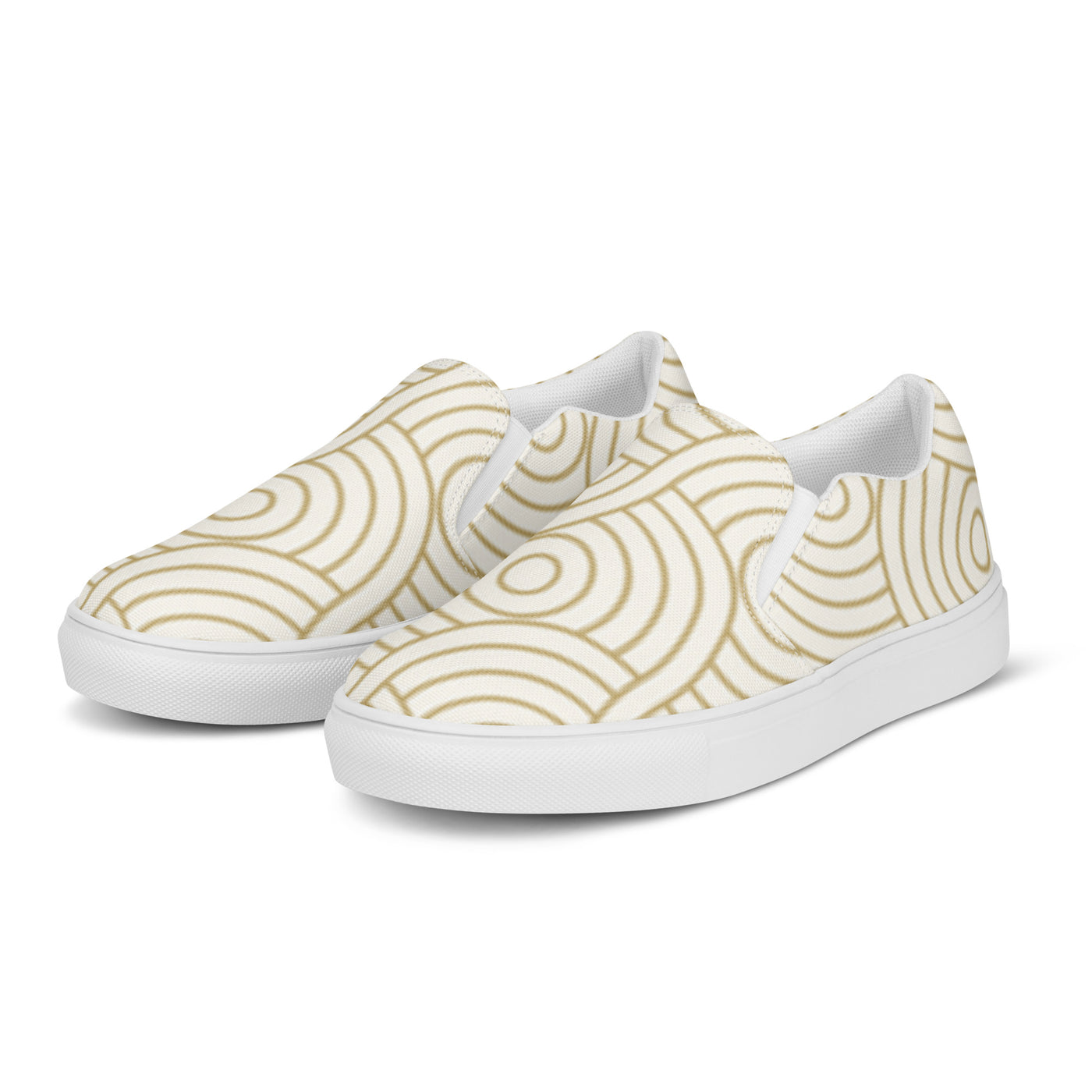 White slip-on canvas shoes with minimalist beige concentric circle tribal pattern and Cachy’s Urban branded insoles