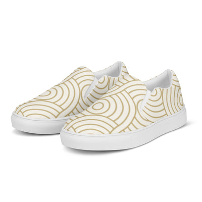 White slip-on canvas shoes with minimalist beige concentric circle tribal pattern and Cachy’s Urban branded insoles