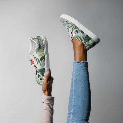 Cachy’s Urban slip-on canvas shoes with tropical leaf print and black sole, casual streetwear sneakers for everyday style