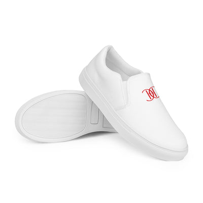 Cachy’s Urban white slip-on canvas shoes with minimalist red logo design and streetwear aesthetic